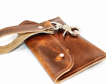 Aged Leather Wallet - Phone Case Distressed Leather Wristlet  - Cognac