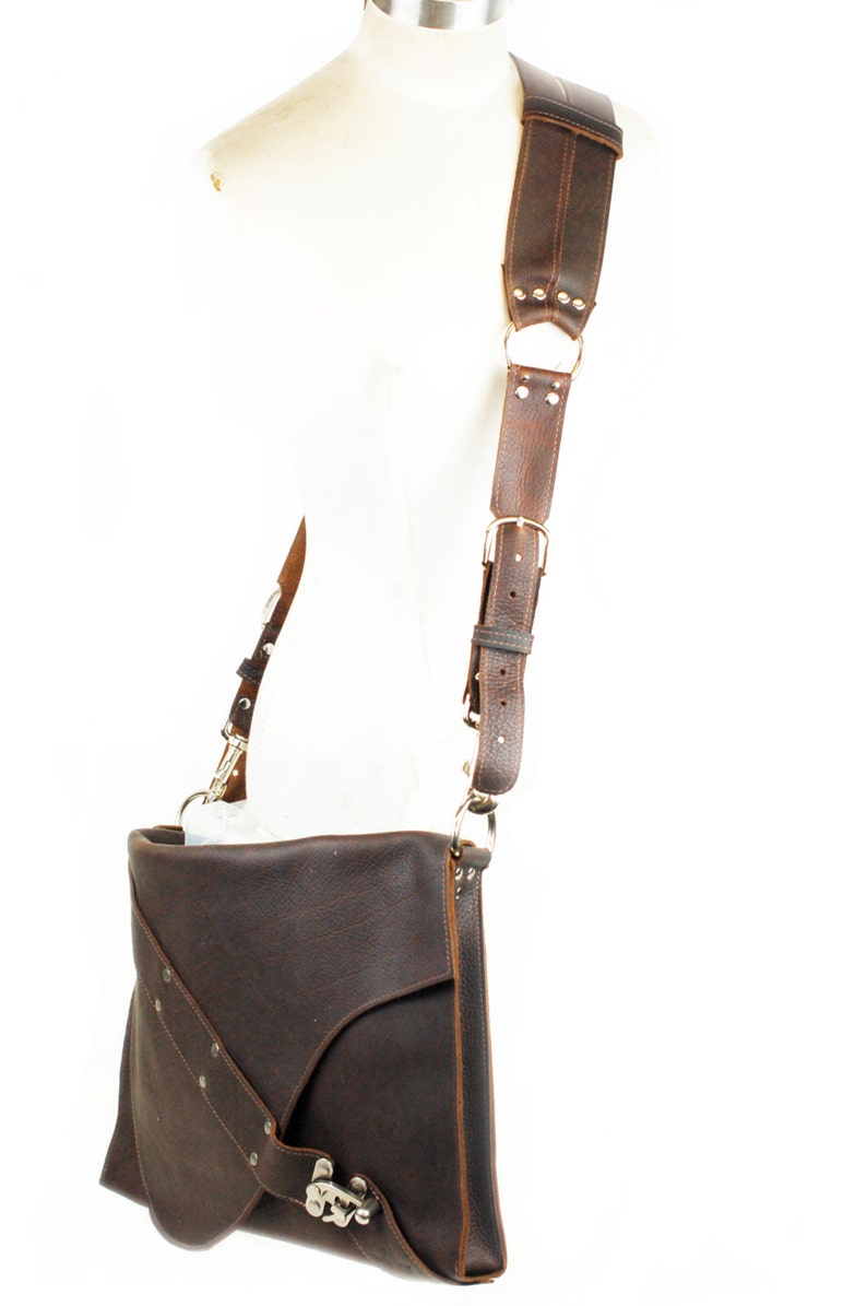 Industrial Leather Satchel Brown Rugged Distressed Messenger with Harness Strap Laptop Bag For Heavy Carry image 3