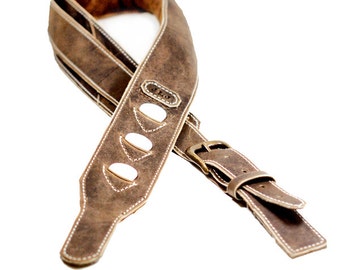Padded Leather Guitar Strap - Custom Guitar Strap with Pick Pockets - Distressed Leather Guitar Strap with Memory Foam