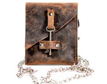 Leather Hip Bag - Waist Pouch with Antique Skeleton Key - Belted Wallet - Chain Wallet Fanny Pack - Hip Belt Wallet