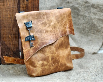 Slouchy Leather Satchel - Pirate Bag - Steampunk Leather Messenger Bag - Distressed Leather Purse with Antique Key