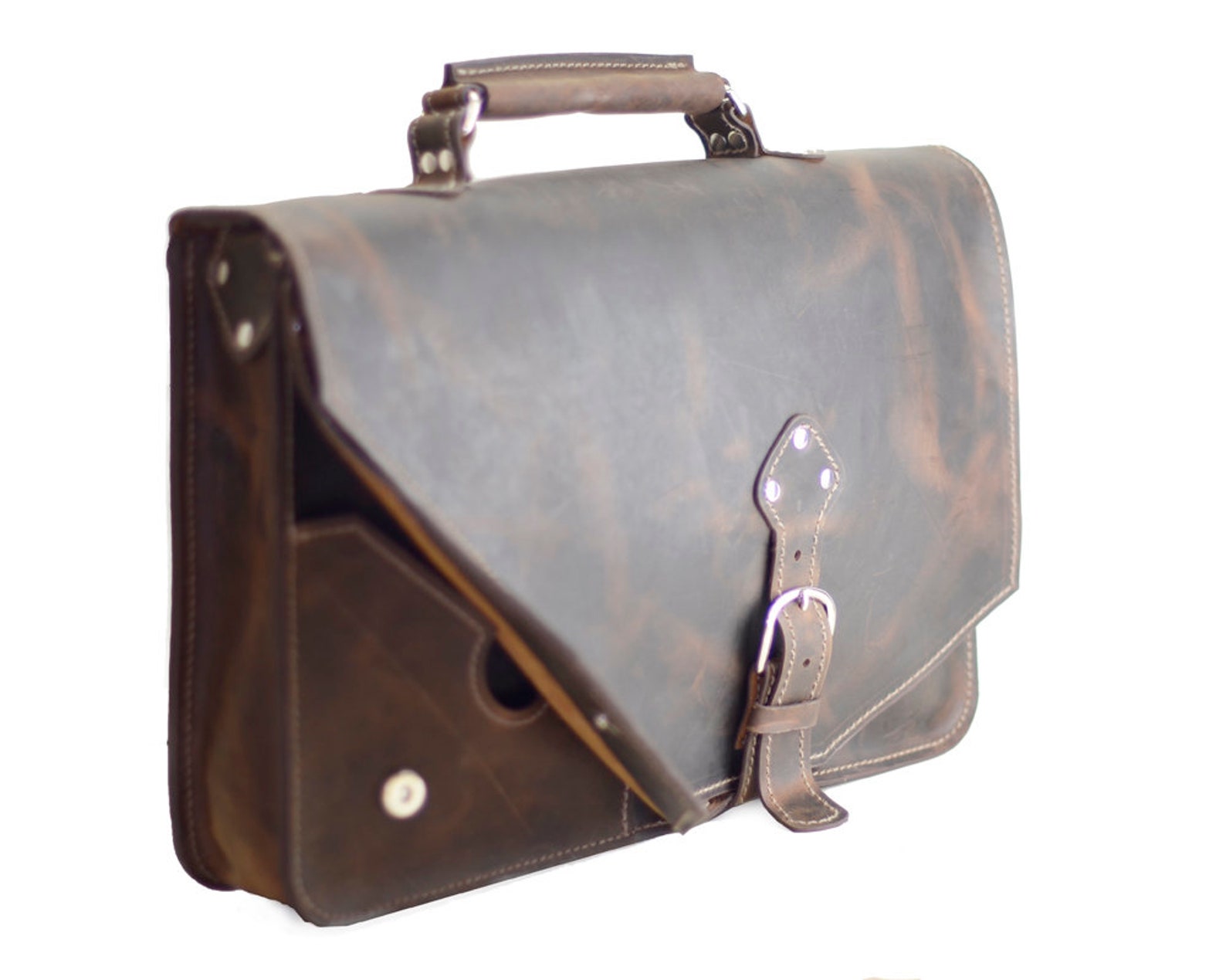 Lederen aktetas voor heren Messenger Bag Distressed Leather Etsy