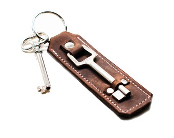 Skeleton Key Fob Keychain - Leather Door Keeper - Industrial Steampunk Housewarming Gift - IN STOCK