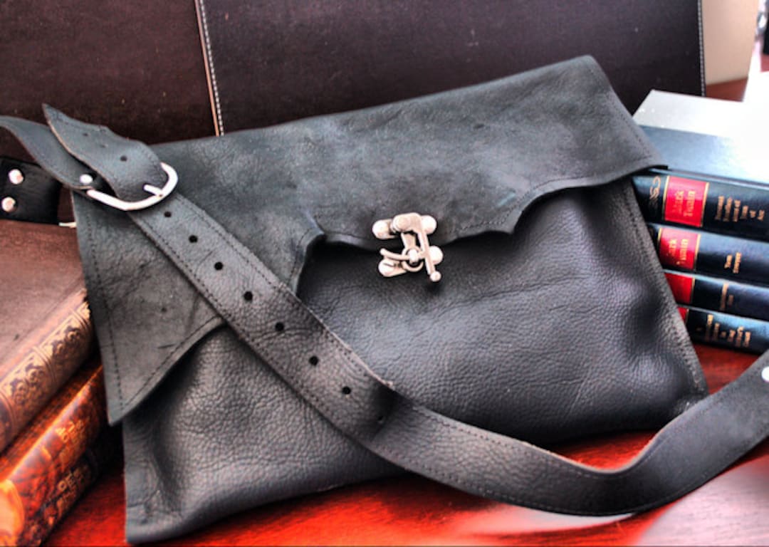 Black Leather Steampunk Messenger Bag Raw Edge Manbag Satchel Etsy
