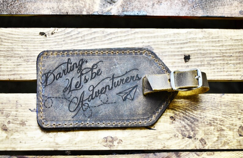 Gift for Traveler Gifts for Him for Her Leather Luggage Tag Darling Let's Be Adventurers Wedding Anniversary leather anniversary for him image 1