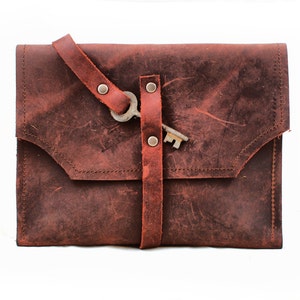 Burgundy Leather Wallet with Antique Skeleton Key Steampunk Wrap Around Red
