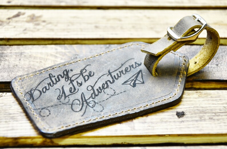 Gift for Traveler Gifts for Him for Her Leather Luggage Tag Darling Let's Be Adventurers Wedding Anniversary leather anniversary for him image 2