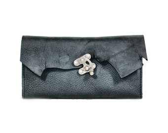 Womens Leather Wallet - Black Wallet with Rustic Raw Edge Distressed Leather