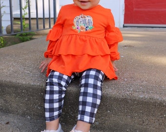 Toddler, Girl's Fall Boutique Plaid Pumpkin Outfit, Plaid Pumpkin Patch Orange Ruffle Girls Fall Outfit, 12-18 Months 2T 3T 4T 5 6 7 8 10