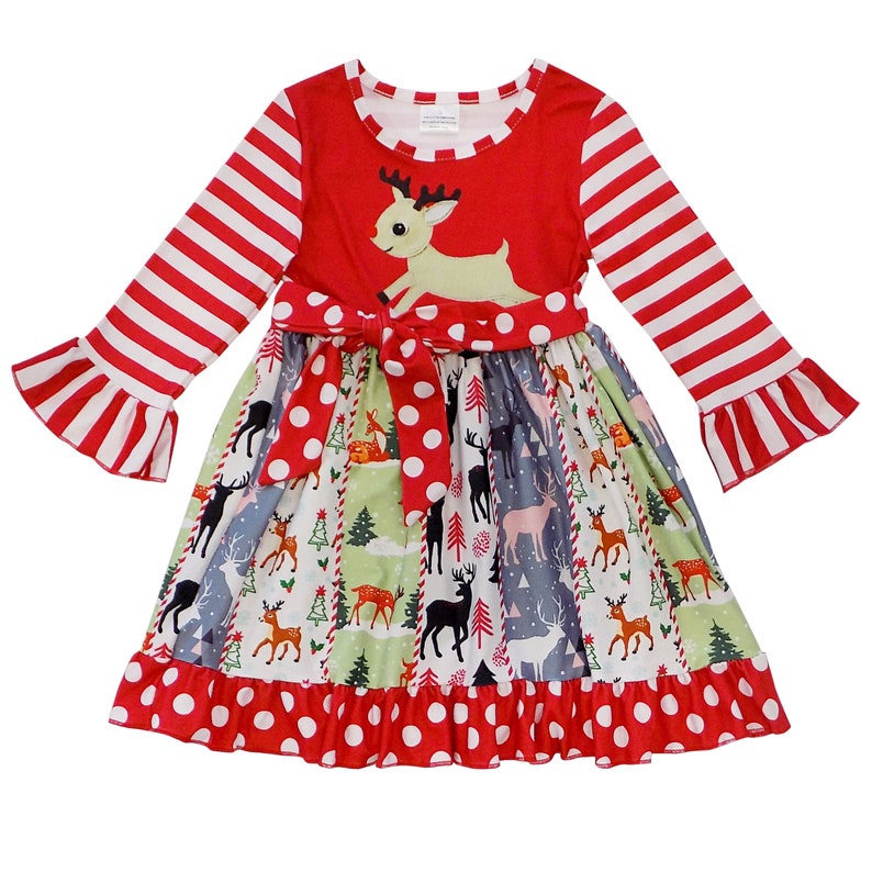 Winter Holiday Boho Flare Stretch Cotton Christmas Outfit 12-18 Months 2T 3T 4T 5 6 7 8 Toddler Girls Reindeer Red Stripe Tie Twirl Dress