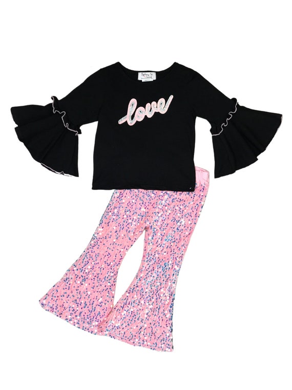 Love You More Pink Sequin Flare Girls Bell Bottom Outfit, Toddler