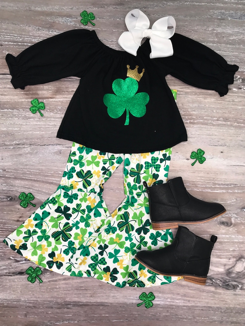 Toddler Girls St Patrick/'s Day Shamrock Glitter Queen Bell Bottom Set Leggings Holiday Outfit by So Sydney 12 18 Months 2T 3T 4T 5 6 7 8