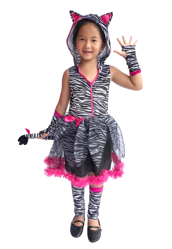 Girls Zebra Hoodie Costume Tutu Animal Print Dress Child Size Medium 8-10