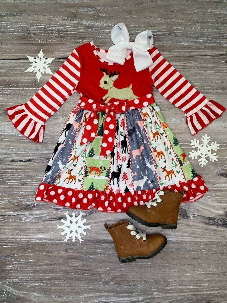 Winter Holiday Boho Flare Stretch Cotton Christmas Outfit 12-18 Months 2T 3T 4T 5 6 7 8 Toddler Girls Reindeer Red Stripe Tie Twirl Dress