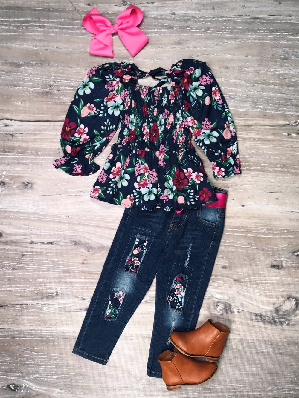 Winter Boutique Navy Floral Denim Set 