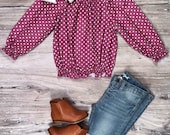 Toddler, Girls Fall Boutique Purple Polka Dot Long Sleeve Shirt, Purple Polka Dot On Off Shoulder Top, 12 18 Months 2T 3T 4T 5 6 7 8 10 12