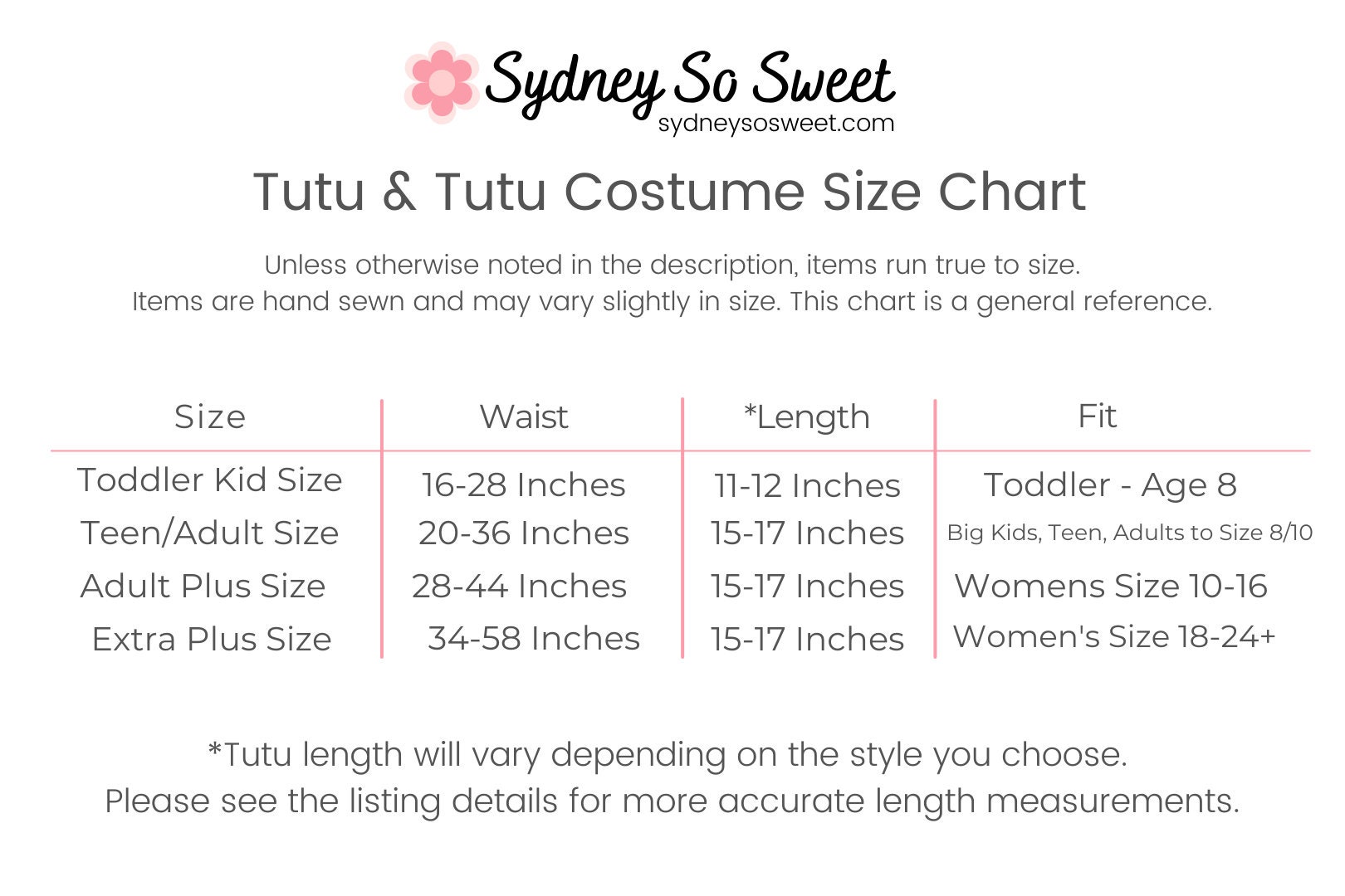 Tutu top skirts measurements