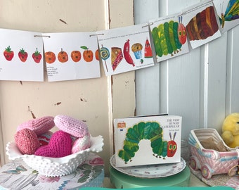 Very Hungry Caterpillar Banner / Story Book Page Garland /14 Pennants for Baby Shower, Birthday Party / READY to SHIP / Holes Included