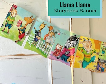Puede incluir: Una colorida pancarta con ilustraciones de la serie de libros "Llama Llama". La pancarta incluye imágenes de varios personajes de animales en un entorno herboso. El texto "Llama Llama Storybook Banner" se muestra en la parte superior. La pancarta está unida con hilo.