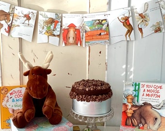If You Give a Moose a Muffin Banner / Story Book Page Garland /12 Bunting Pennants for Moose Muffin Birthday Party / READY to SHIP