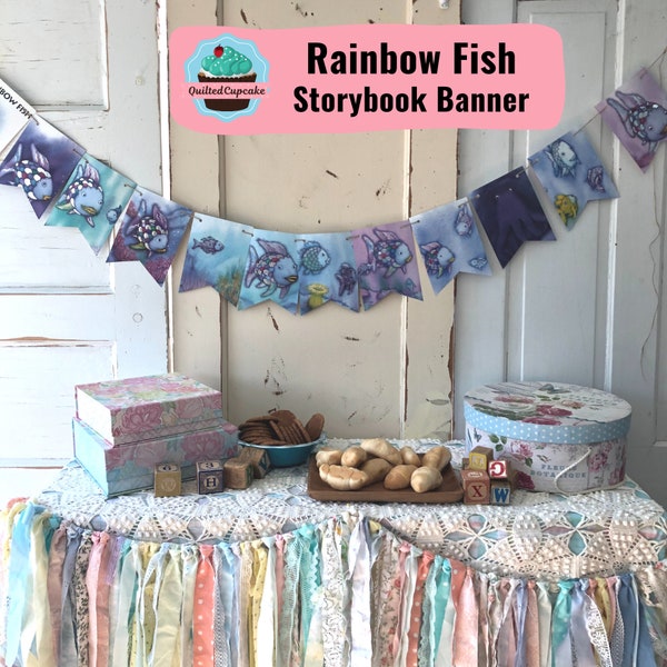 Rainbow Fish Party Banner / Rainbow Fish Book Page Garland Banner/ 6 ft Backdrop Pennant for Baby Shower, Birthday, Room Decor READY to SHIP