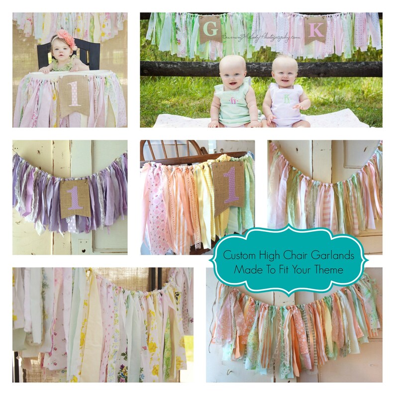 Girls High Chair Banner. First Birthday Party Supplies. Shabby Chic High Chair Banner with Burlap Flag. YOUR choice of colors theme image 8