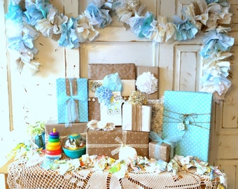 Burlap and blue Baby Shower Party Decoration 6-10 foot fabric Garland Banner, Burlap Party Decor & Photo Backdrop, Handmade, Baby Boy Shower