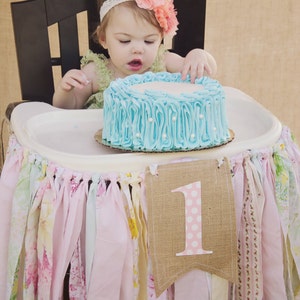 Girls High Chair Banner. First Birthday Party Supplies. Shabby Chic High Chair Banner with Burlap Flag. YOUR choice of colors theme image 5