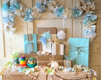 Burlap and blue Baby Shower Party Decoration 6-10 foot fabric Garland Banner, Burlap Party Decor & Photo Backdrop, Handmade, Baby Boy Shower