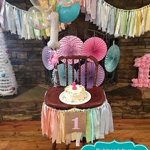 Girls High Chair Banner. First Birthday Party Supplies. Shabby Chic High Chair Banner with Burlap Flag. YOUR choice of colors theme image 1