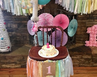 Girls High Chair Banner. First Birthday Party Supplies.  Shabby Chic High Chair Banner with Burlap Flag.  YOUR choice of colors theme