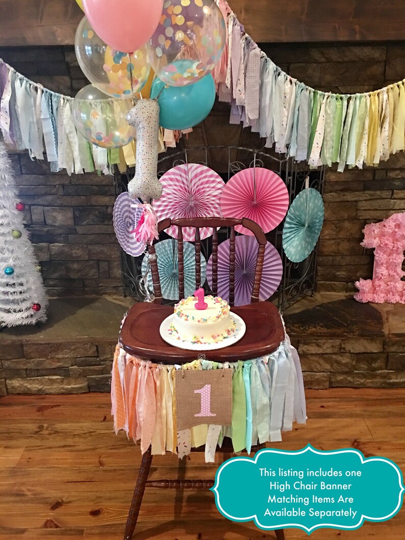 Girls High Chair Banner. First Birthday Party Supplies. Shabby Chic High Chair Banner with Burlap Flag. YOUR choice of colors theme image 1