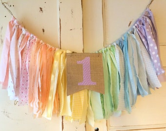 Rainbow High Chair Banner. First Birthday Party Supplies.  High Chair Decoration soft Pastel colors.  One Highchair banner