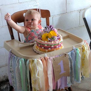 Girls High Chair Banner. First Birthday Party Supplies. Shabby Chic High Chair Banner with Burlap Flag. YOUR choice of colors theme image 2