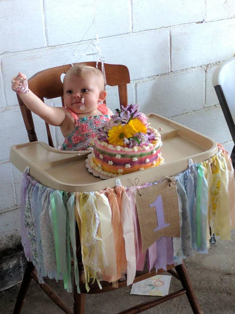 Girls High Chair Banner. First Birthday Party Supplies. Shabby Chic High Chair Banner with Burlap Flag. YOUR choice of colors theme image 2