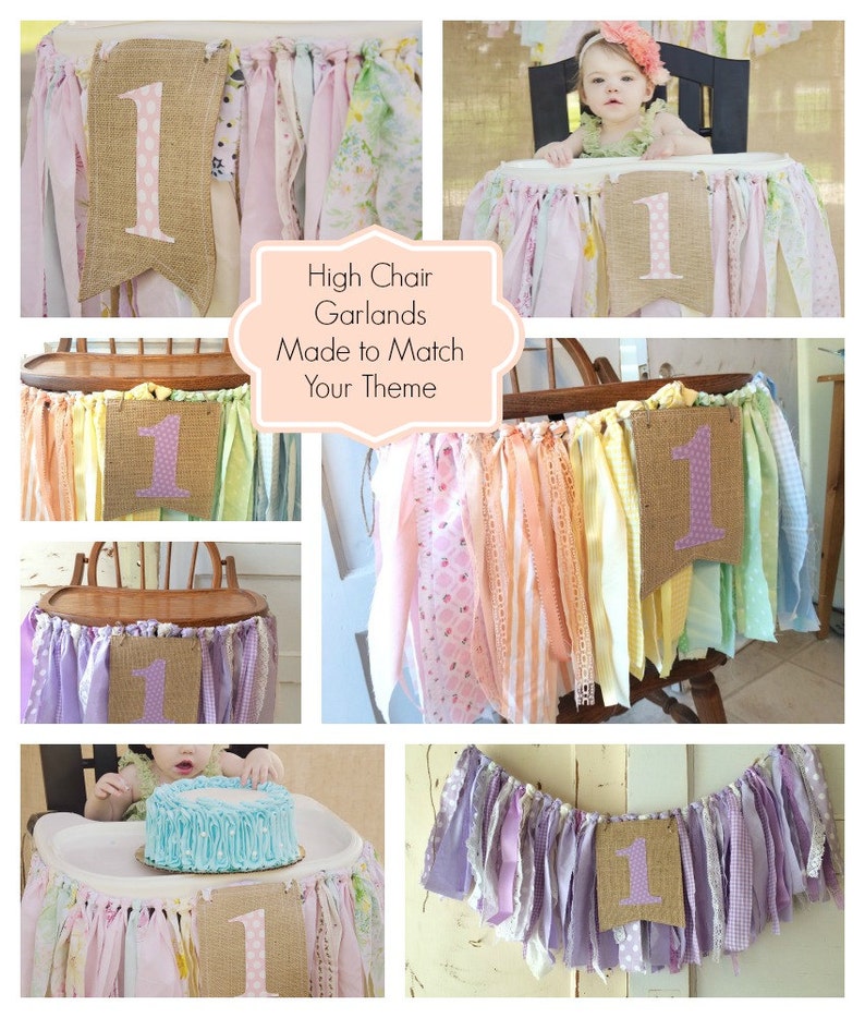 Shabby Chic High Chair Banner with Burlap Flag Girls First Birthday Party Supplies Girls High Chair Banner Rainbow or CUSTOM colors