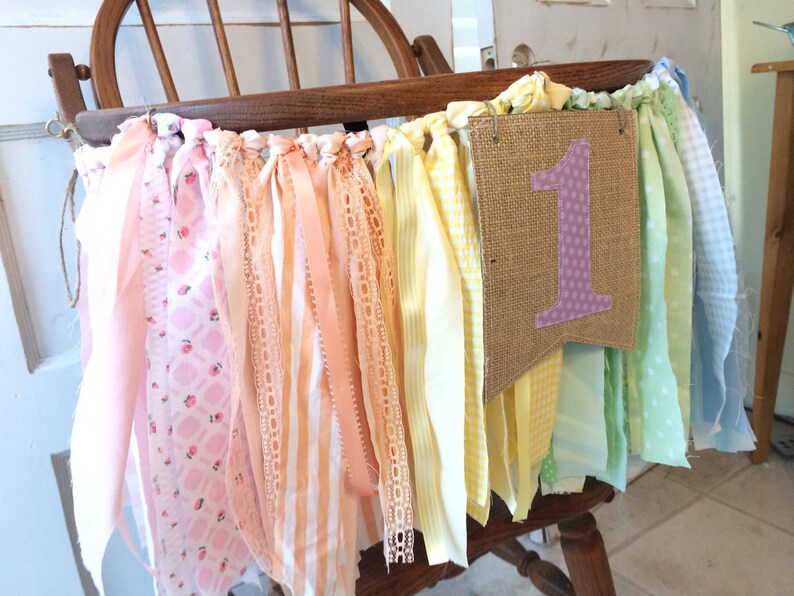 Shabby Chic High Chair Banner with Burlap Flag Girls First Birthday Party Supplies Girls High Chair Banner Rainbow or CUSTOM colors