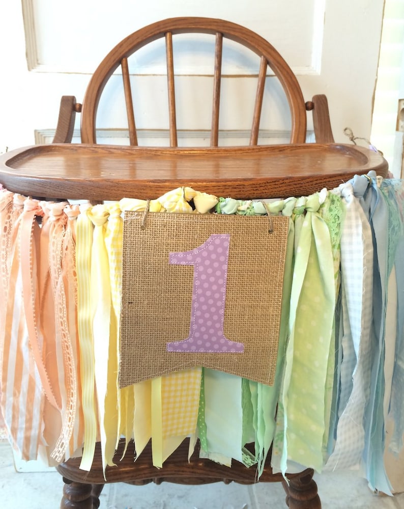 Shabby Chic High Chair Banner with Burlap Flag Girls First Birthday Party Supplies Girls High Chair Banner Rainbow or CUSTOM colors