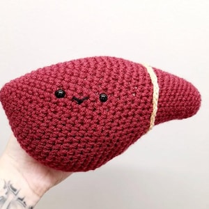 May include: A crocheted plush liver in burgundy. The organ features a smiling face with black button eyes and a stitched mouth. A tan band wraps around part of the liver. A handmade item.