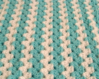 Crochet Baby Blanket Unisex Baby Blanket Green White  Striped Crochet Pram Blanket Baby Shower Gift