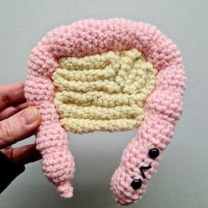 May include: A crocheted plush toy in the shape of a large intestine. The toy is primarily pink with a yellow center. It has two black button eyes and a stitched mouth.