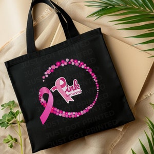 Breast Cancer Awareness Tote Bag, Eco-Friendly Shopping Bag, Pink Ribbon Cancer Survivor Gift, Black Shopping Bag, Cancer Support Gift