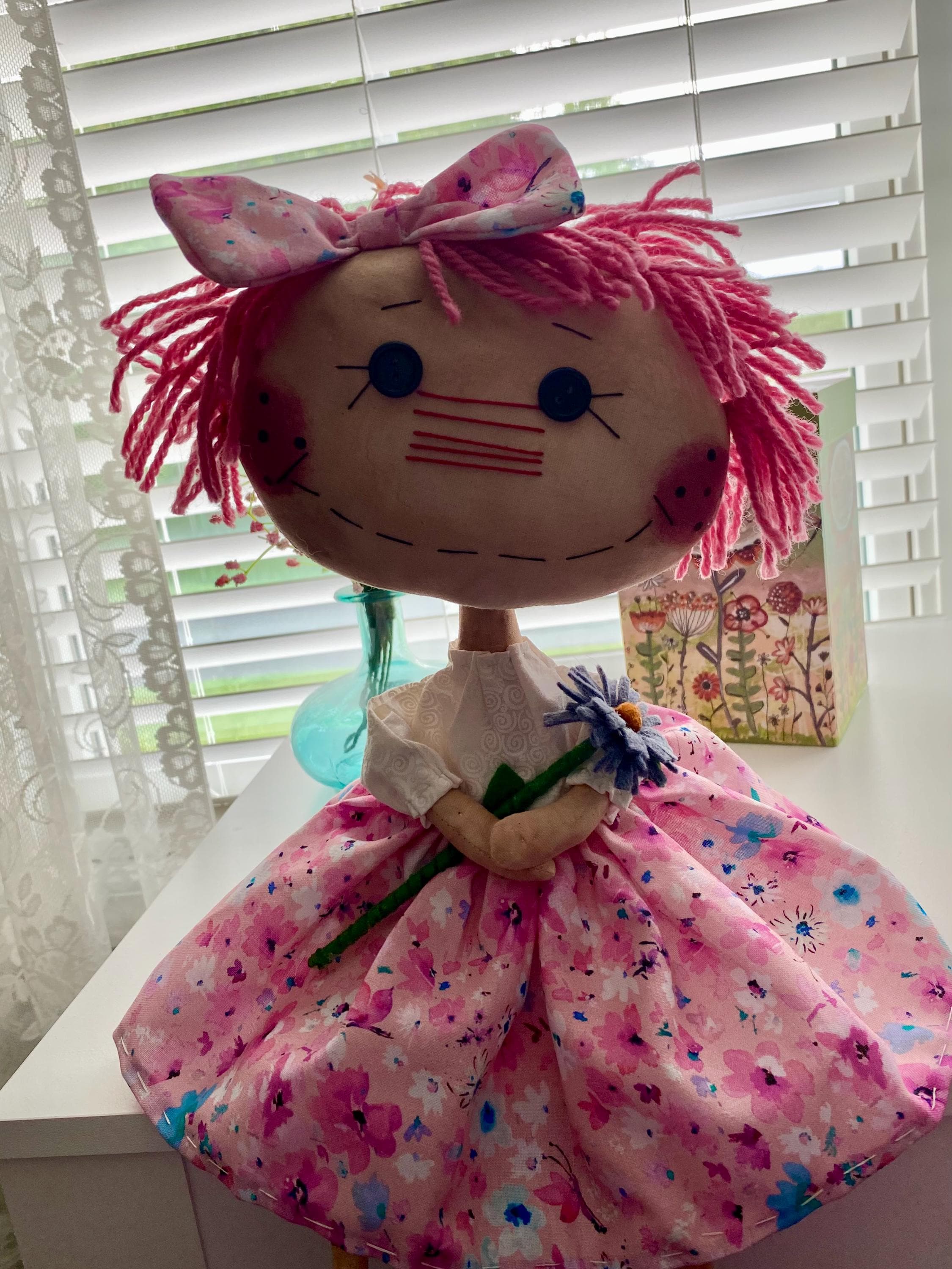 Pretty in Pink Summer Raggedy Ann Type Doll, OOAK, Prim, flower