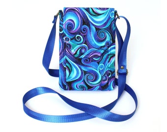 Cell phone purse, minimalist small crossbody bag with phone pocket, blue and purple swirl fabric cross body cell phone bag, smartphone purse