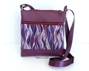 Purple vegan leather small crossbody bag for women, faux non leather and purple wave fabric, everyday casual crossover double zipper purse