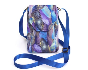 Cell phone purse, mini crossbody bag with phone pocket, blue, purple and metallic gold fabric small cross body phone bag, smartphone sling