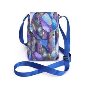 Handytasche, Mini Crossbody Tasche mit Handytasche, blau, lila und metallic gold Stoff kleine Crossbody Handytasche, Smartphone Sling