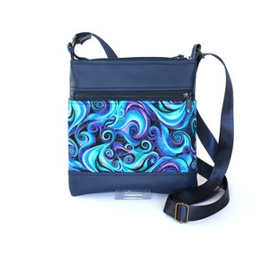 Kleine Umhängetasche für Frauen, blaue Kunstleder und Strudel Stoff Geldbörse mit Handytasche, verstellbarer Riemen, Multi-Tasche Cross-Body-Geldbörse