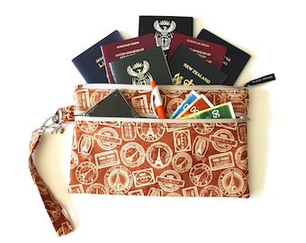 Travel pouch passport holder for 4 6 8 10 12 passports, Paris France French family passport wallet, cotton vegan fabric double zipper pouch