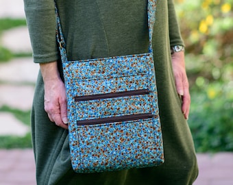 Teal and brown vegan fabric crossbody bag for women, womens multi pocket adjustable cross body zipper purse, medium mid size lightweight